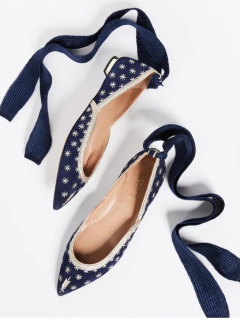 Aquazurra Size 39 Bliss Ballet Flats Navy Suede Leather Ankle Pointed Toe